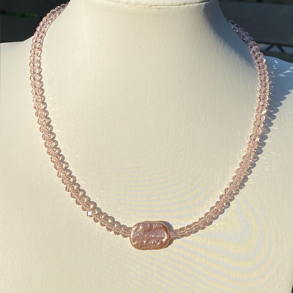 Pink crystal and Baroque pearl sterling silver necklace